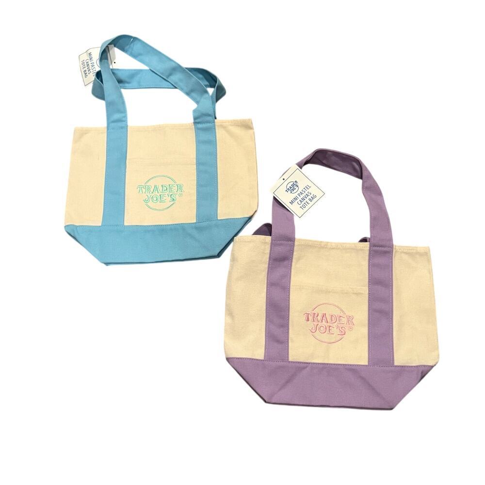 Trader Joes Mini Pastel Canvas Tote Bag Set Blue Purple Limited Edition NWT Cute